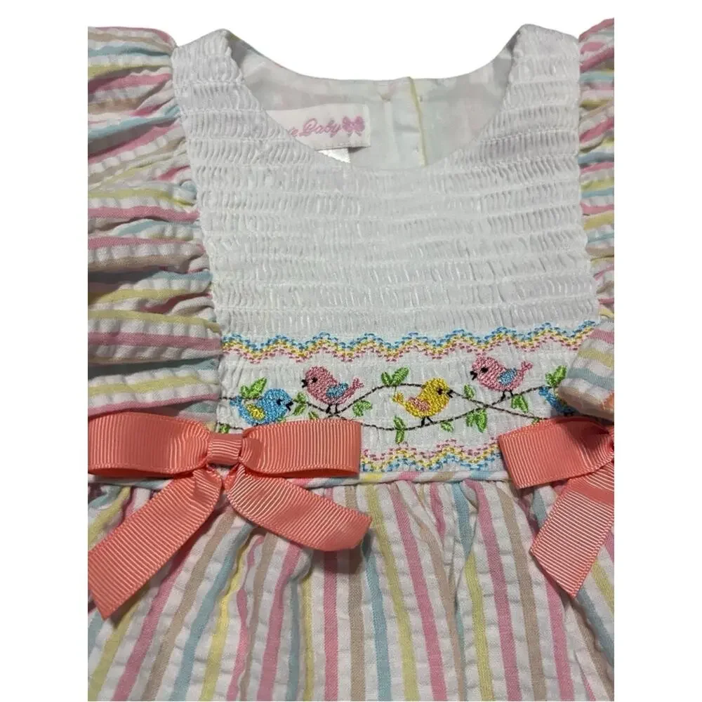 Bonnie Baby NWT Spring Birds Smocked Pastel Striped Dress 12 Months